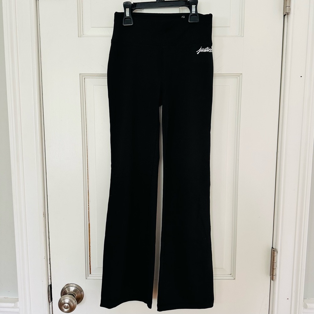 Justice Active Black Flare Girls Leggings with White Script Logo